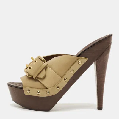 Pre-owned Burberry Buckle Size 39.5 Green Leather Platform Clogs