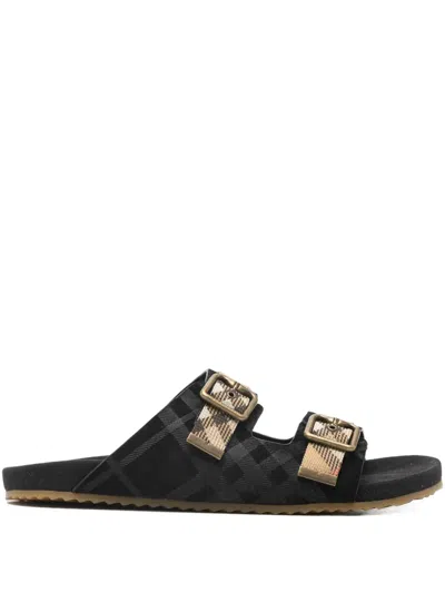 Burberry Buckle Tartan-pattern Flat Sandals In Black
