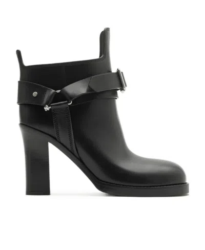Burberry Buckled 100mm Leather Ankle Boots In Black