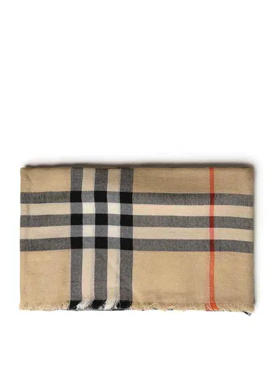 Burberry Check Pattern Wool Scarf In Beige