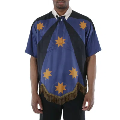 Burberry Bullion Fringing Geometric Print Silk Tunic Shirt In Blue