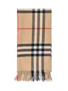Burberry Beige Wool Check Scarf With Fringes In Brown