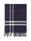 Burberry Dark Blue Cashmere Scarf With Check Pattern In Blue