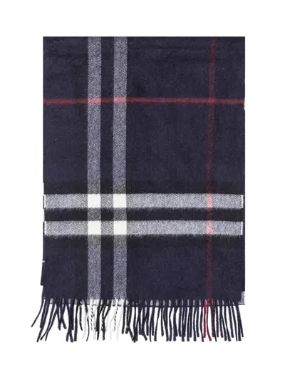 Burberry Dark Blue Cashmere Scarf With Check Pattern