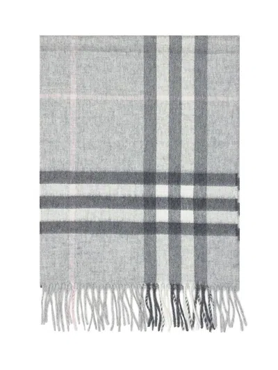 Burberry Grey Wool Check Scarf With Fringes In Gray