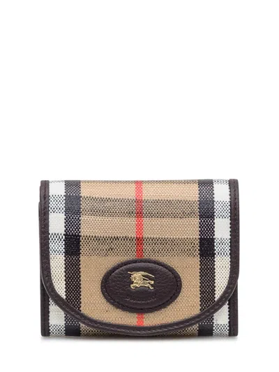 Burberry Wallet In Tartan Fabric And Leather In Brown