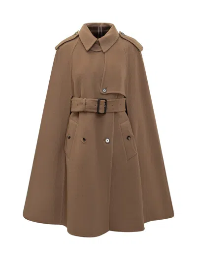 Burberry Wool Cape With Camel Belt In Animal Print