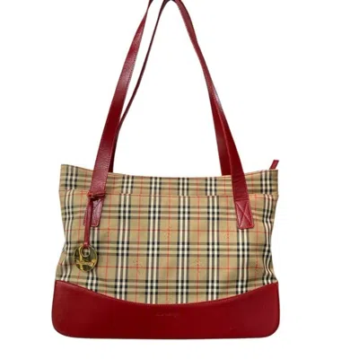 Pre-owned Burberry S Beige Red Color Fabric Leather Tote Bag ()