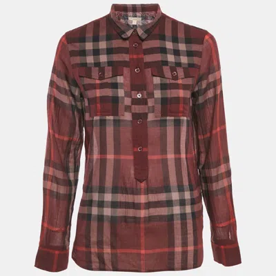 Pre-owned Burberry Burgundy Checks Cotton Half Placket Shirt S