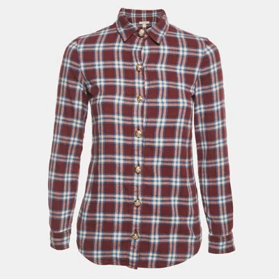 Pre-owned Burberry Burgundy Checks Cotton Long Sleeve Shirt Xs