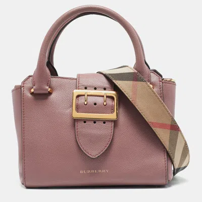 Pre-owned Burberry Burgundy Grained Leather Small Buckle Tote