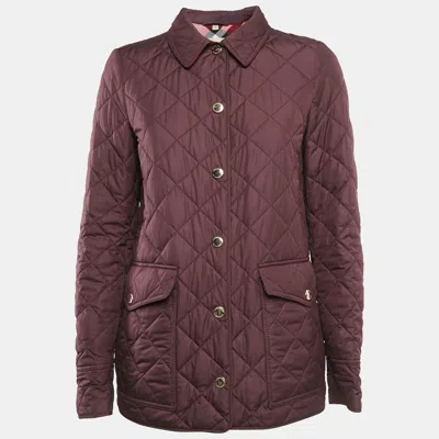 Pre-owned Burberry Burgundy Nylon Button Front Diamond Quilted Jacket S