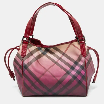 Pre-owned Burberry Burgundy Ombre Supernova Check Pvc And Patent Leather Bilmore Tote
