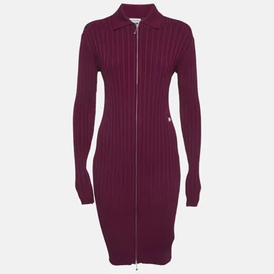 Pre-owned Burberry Burgundy Rib Knit Zip-up Midi Dress S
