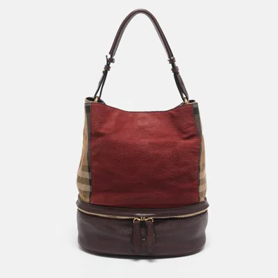 Pre-owned Burberry Burgundy/beige House Check Canvas And Leather Beckett Bucket Bag