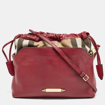 Pre-owned Burberry Burgundy/beige House Check Canvas And Leather Little Crush Crossbody Bag