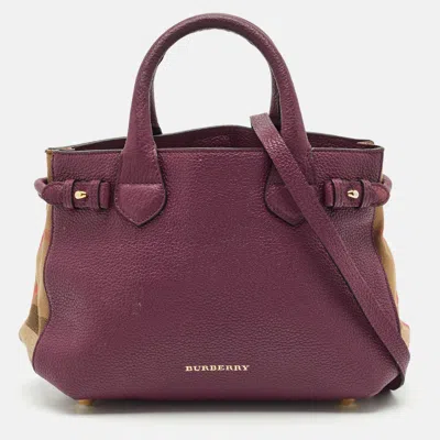 Pre-owned Burberry Burgundy/beige House Check Fabric And Leather Small Banner Tote