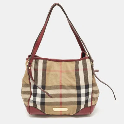 Pre-owned Burberry Burgundy/beige House Check Fabric Small Canterbury Tote