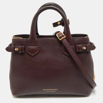 Pre-owned Burberry Burgundy/beige Leather And House Check Canvas Small Banner Tote