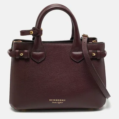 Pre-owned Burberry Burgundy/beige Leather And House Check Fabric Small Banner Tote