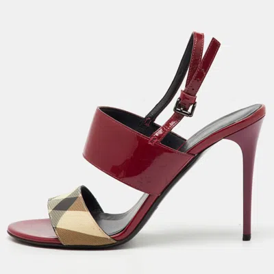 Pre-owned Burberry Burgundy/beige Patent Leather And Check Pvc Slingback Sandals Size 38