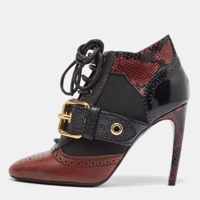 Pre-owned Burberry Burgundy/black Leather And Python Embossed Westmarsh Ankle Boots Size 36