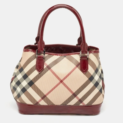 Pre-owned Burberry Burgundy/black Nova Check Pvc And Patent Leather Tote