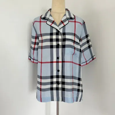 Pre-owned Burberry Burrberry Tierney Bowling Pajama Shirt In Baby Blue - Pale Blue Ip Check