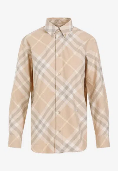 Burberry Button-down Checked Shirt In Beige