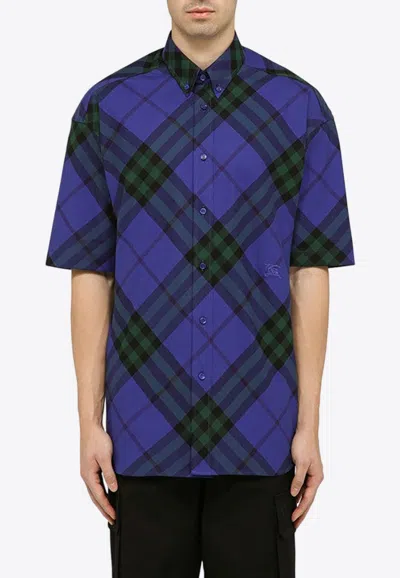 Burberry Button-down Collar Logo-embroidered Checked Cotton-twill Shirt In Blue