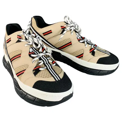 Pre-owned Burberry By Ricardo Tisci Size 12 Tan Black Red Stripe Mesh Low Top Sneakers