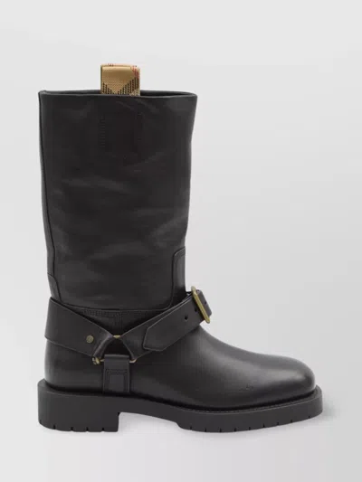 Burberry Calf Leather Equestrian Lug Sole Boots In Black