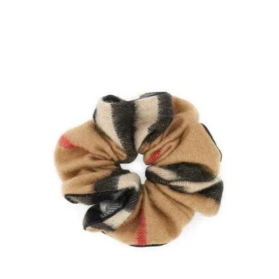 Burberry Camel Embroidered Cashmere Check Scrunchie In Yellow