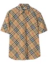 Burberry Short-sleeved Check Pattern Shirt With Button-down Collar In Nude & Neutrals