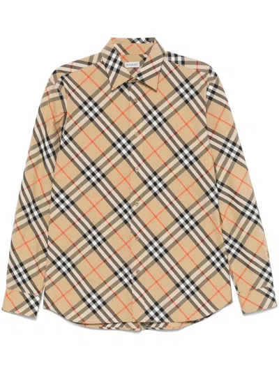 Burberry Regular Fit Check Cotton Shirt In Beige