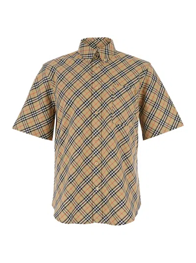 Burberry Men Beige Shirt With All-over Vintage Check Motif In Cotton Man In Brown