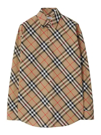 Burberry Cotton Shirt With Check Motif In Brown