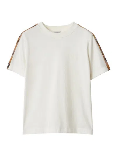 Burberry White Cotton Check Trims T-shirt In Beige