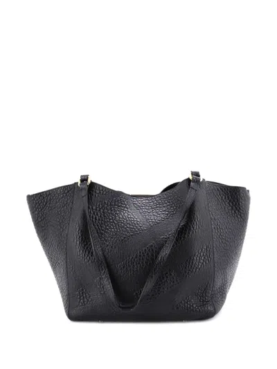 Pre-owned Burberry Canter Tote Check Embossed Leather Small Shoulder Bag In Black