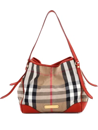 Pre-owned Burberry Canterbury House Check Canvas Small Tote Bag In Orange