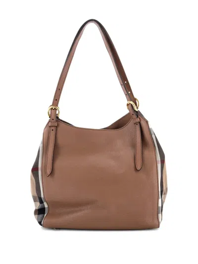 Pre-owned Burberry Canterbury Leather And House Check Canvas Small Tote Bag In Brown