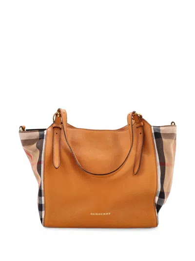 Pre-owned Burberry Canterbury Leather And House Check Canvas Small Tote Bag In Brown