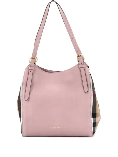 Pre-owned Burberry Canterbury Leather And House Check Canvas Small Tote Bag In Pink