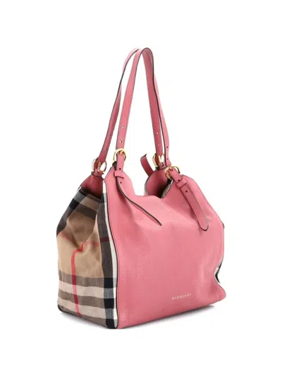 Pre-owned Burberry Canterbury Leather And House Check Canvas Small Tote Bag In Pink