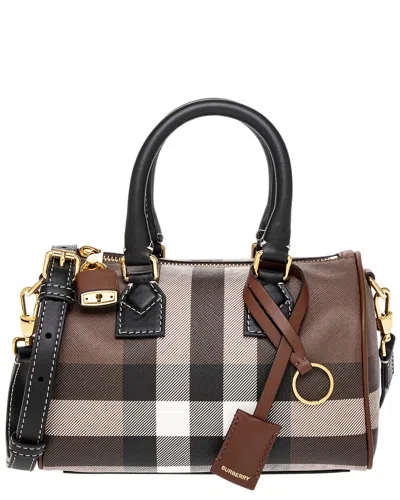 Burberry Dark Birch Brown Chk Check-print Mini Woven And Leather Top-handle Bowling Bag