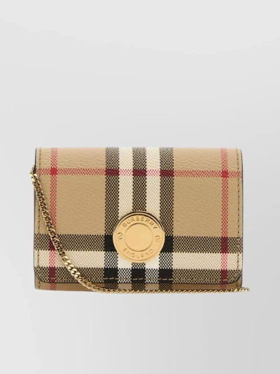 Burberry Canvas Checkered Rectangular Card Holder With Chain In Beige