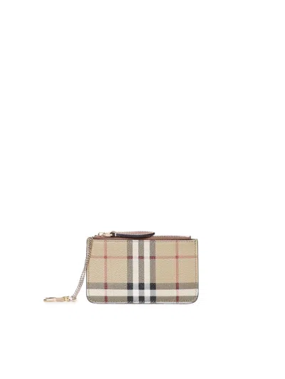 Burberry Canvas Key Ring With Check Pattern In Beige