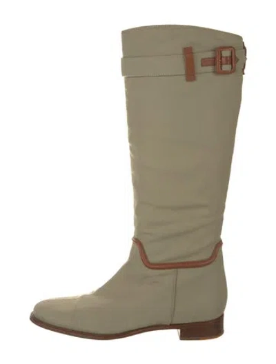 Pre-owned Burberry Canvas Leather Trim Embellishment Riding Boots In Neutral