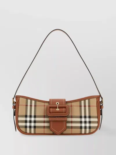 Burberry Canvas Sling Shoulder Bag With Checkered Pattern In Brown