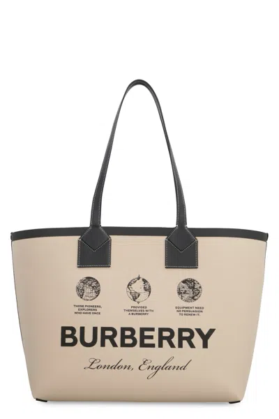 BURBERRY CANVAS TOTE BAG WITH LEATHER DETAILS AND CHECK LINING